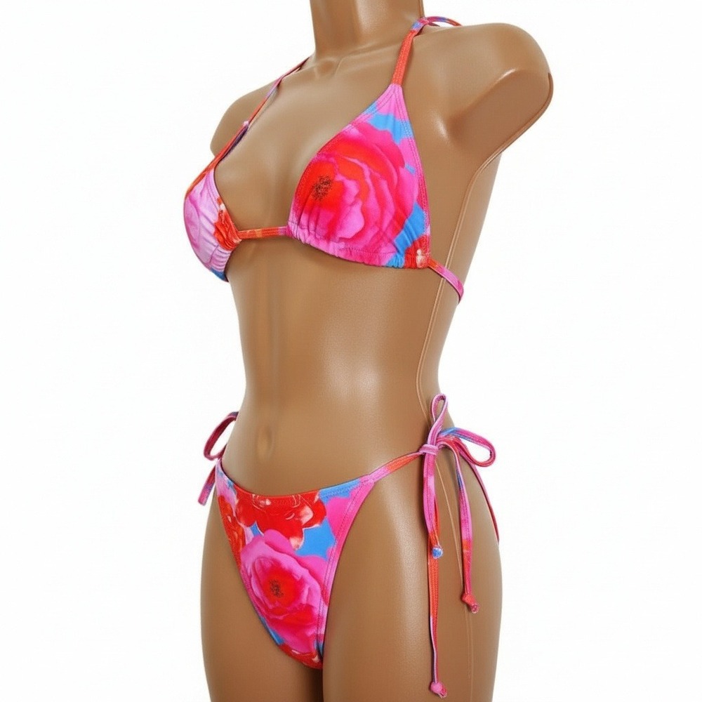 Newβ Medium Red Pink Adjustable Bikini Swimsuit Set Retro Triangle Padded Halter